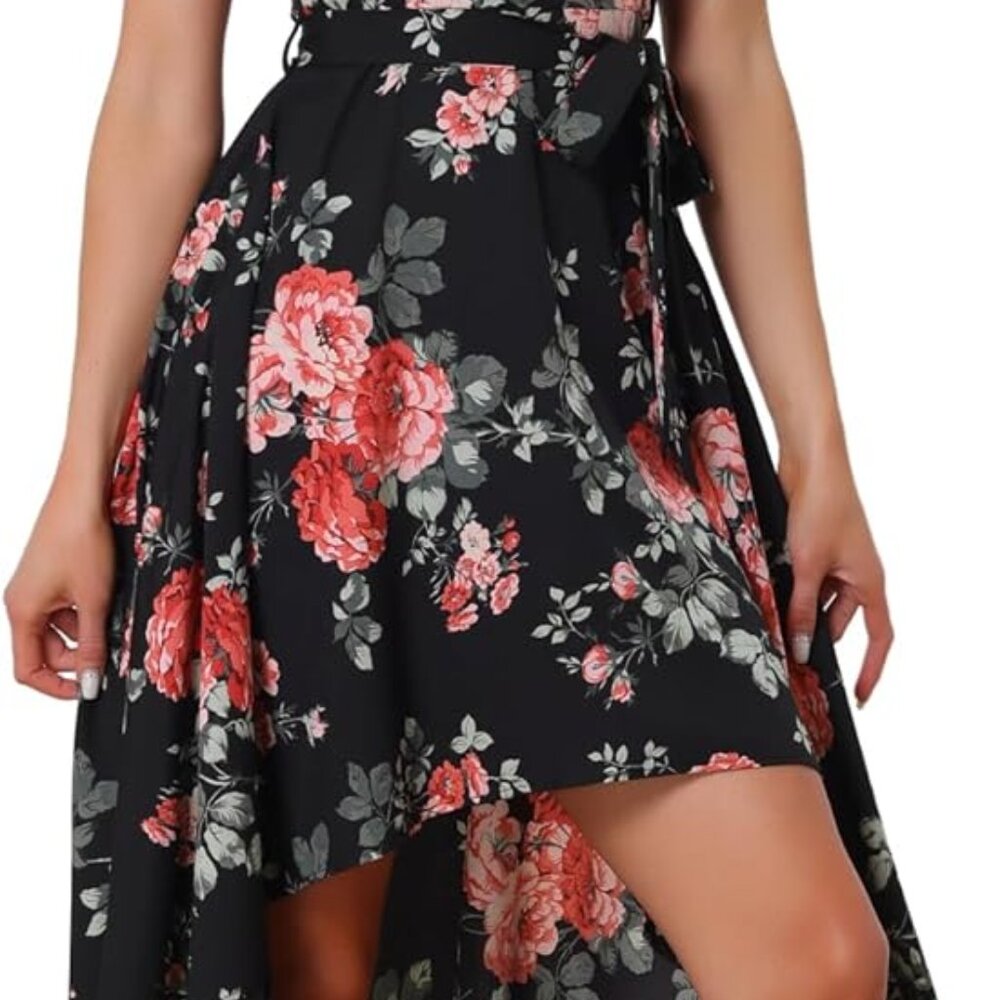 Women's Boho Floral V Neck Sleeveless High Low Maxi Dress For Summer